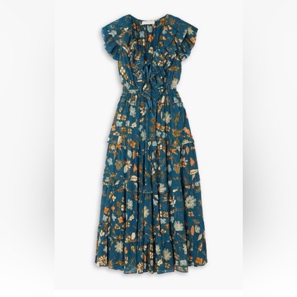 Ulla Johnson Arisa Ruffled Metalic Teal Floral Maxi Dress. Size 2 - Picture 3 of 11